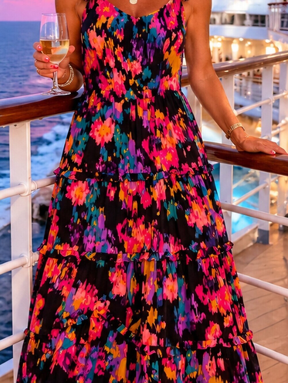 Boho prairie tier ruffle multicolor Vacay Resort Cottagecore Beach maxi dress L - Picture 15 of 15